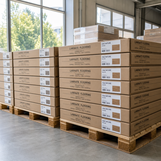 Stacked boxes of laminate flooring on wooden pallets in a bright warehouse