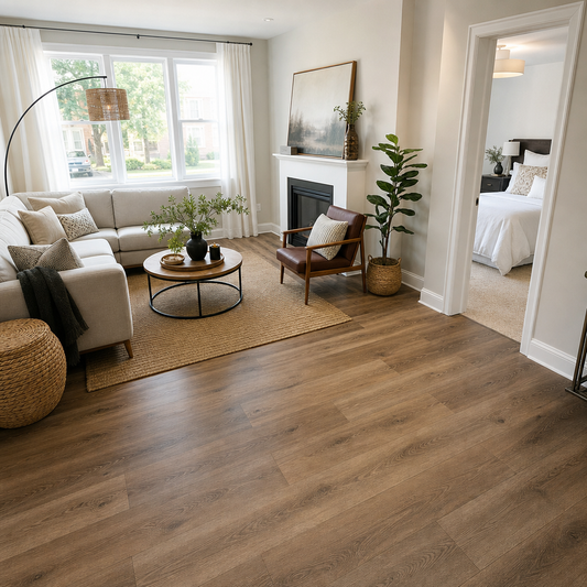 A beautifully completed residential interior showing new luxury vinyl plank flooring installed over existing hardwood in a GTA home. The space features a bright
