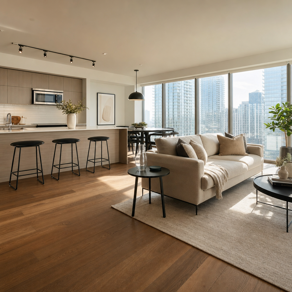 A polished small Toronto condo interior featuring premium engineered hardwood flooring in a modern open-concept living space, natural light streaming through la