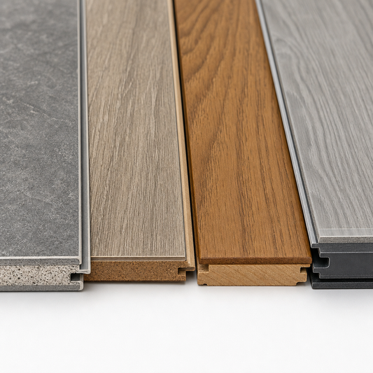 Macro close-up flat-lay of four flooring material swatches side by side: a textured SPC vinyl plank with stone polymer core visible in cross-section edge detail