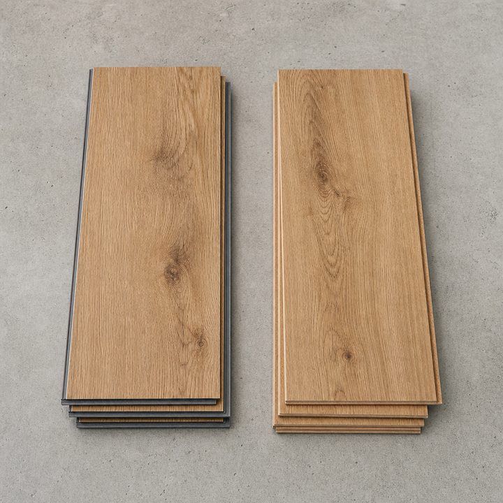 Side-by-side comparison of luxury vinyl plank and laminate flooring samples on concrete showing oak finish finishes