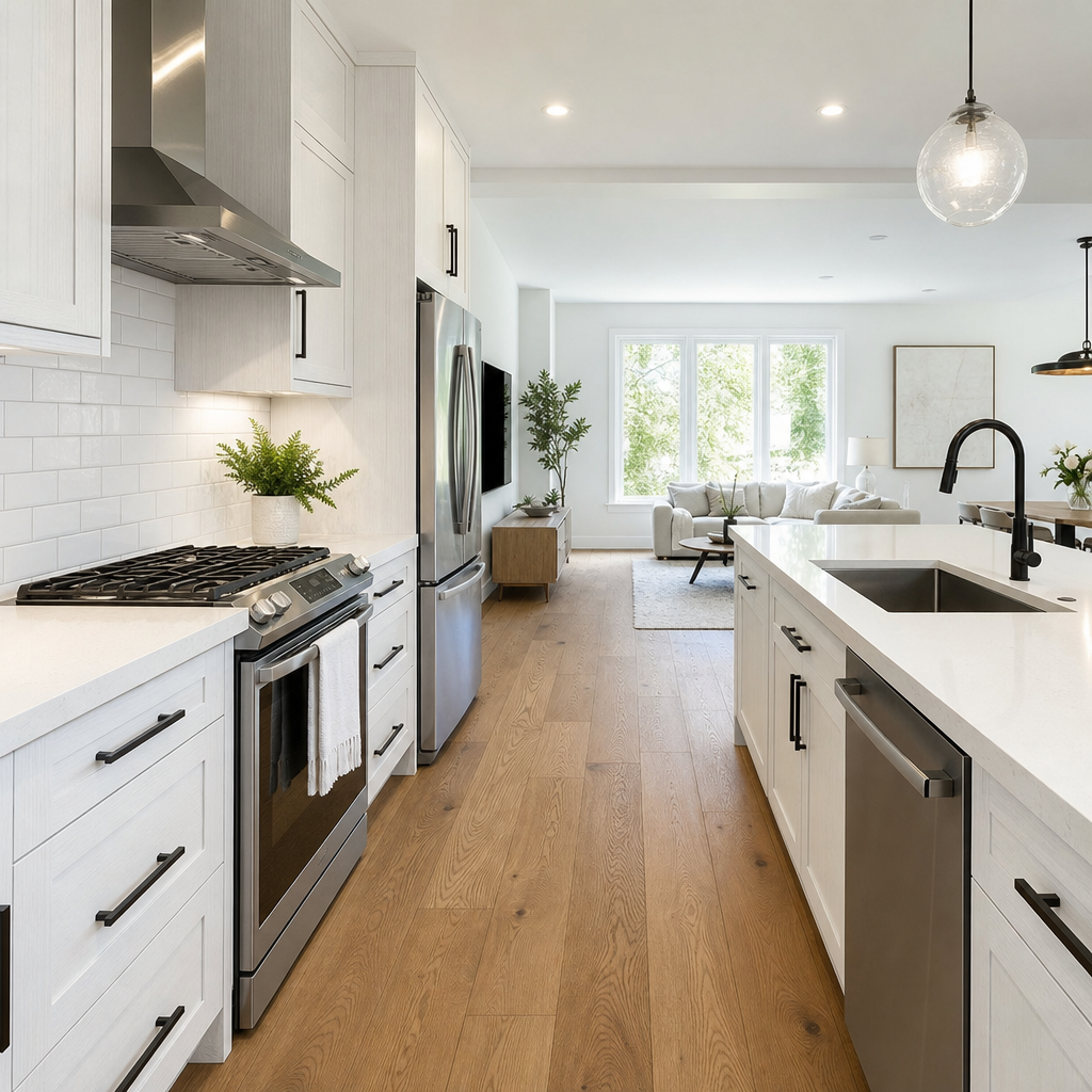 Modern Toronto kitchen interior with oak cabinetry and complementary hardwood flooring