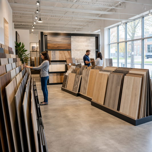 Wide-angle shot of a bright, well-organized flooring showroom interior. Rows of flooring sample displays line the walls and central islands, showcasing wood-loo
