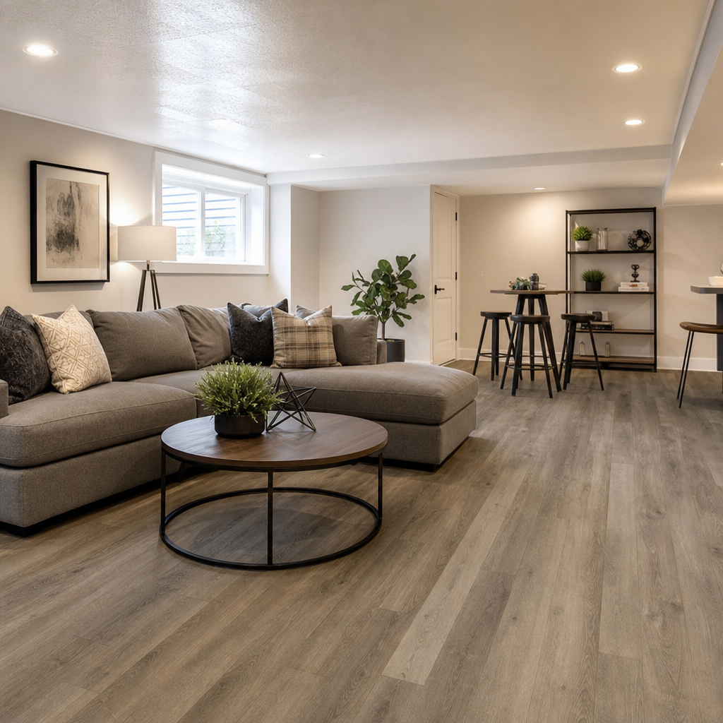 A finished basement interior featuring luxury vinyl plank flooring with realistic wood grain texture in warm grey tones, modern sectional sofa, recessed lightin