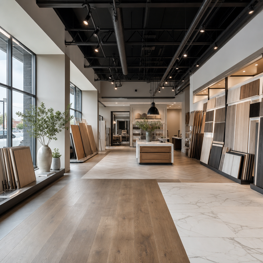 Modern, well-lit retail flooring showroom in the GTA with organized flooring displays and natural daylight