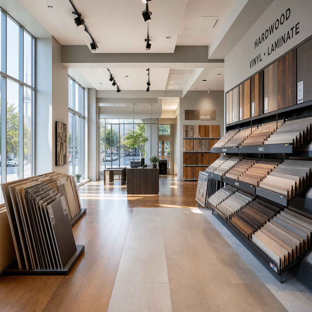 Professional flooring showroom interior in Toronto with organized display walls and sample boards