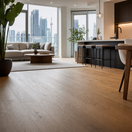 Modern Toronto condo interior with engineered hardwood flooring installed over concrete subfloor