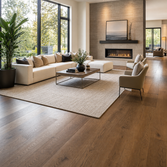 A bright, open-concept living room in a Richmond Hill home featuring rich engineered hardwood flooring with a wide-plank oak finish, natural light streaming thr