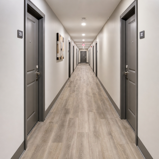 Interior hallway of a residential apartment building featuring luxury vinyl plank flooring in neutral taupe tones with bright overhead lighting.