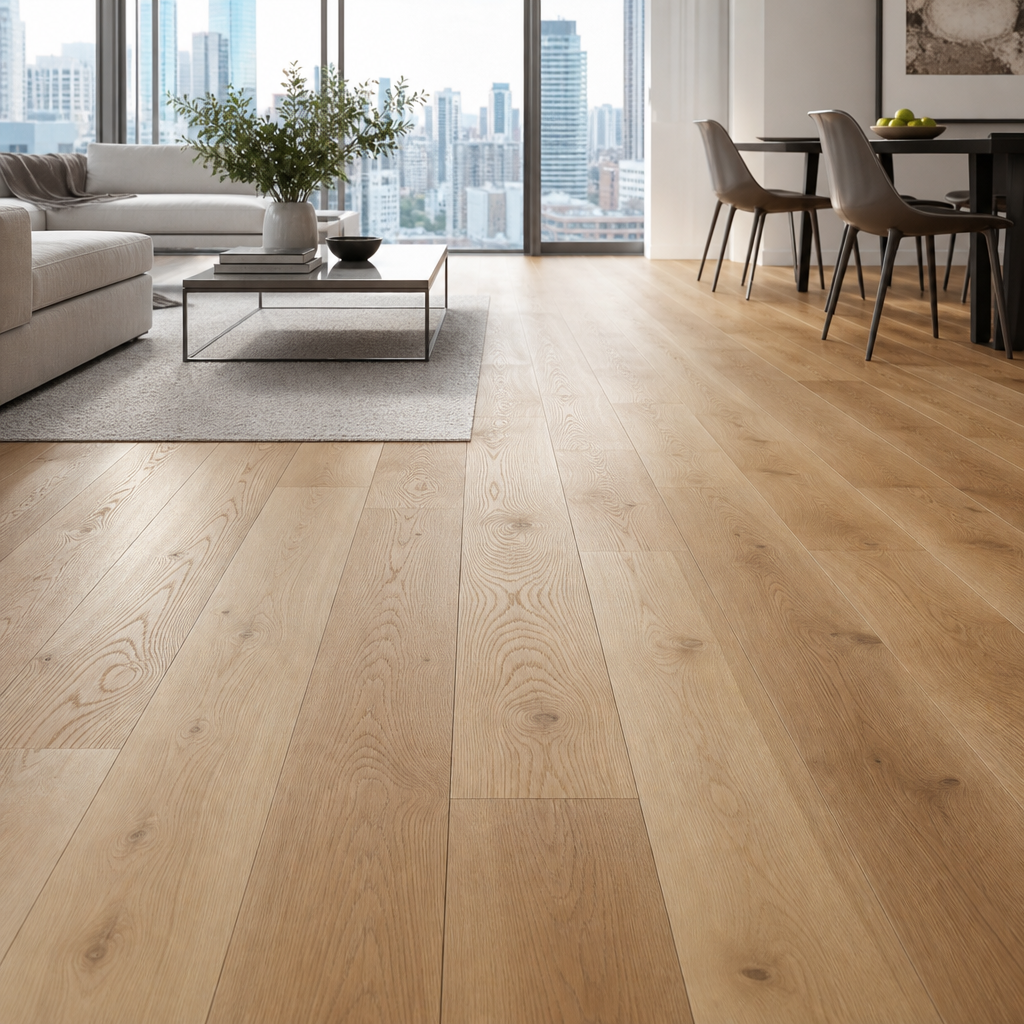 A bright, contemporary Toronto condo living room featuring elegant engineered hardwood flooring in a warm oak tone. The space has large floor-to-ceiling windows