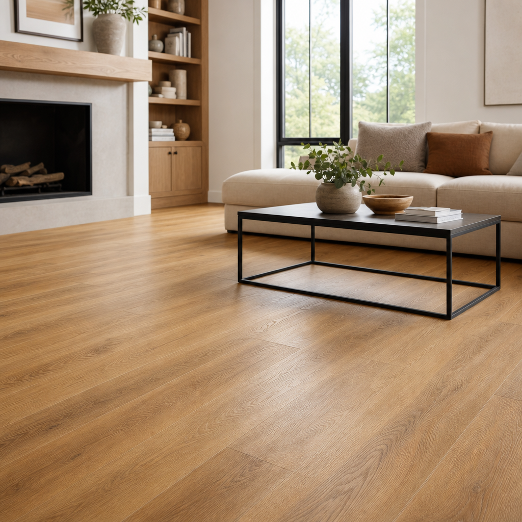 Modern living room with installed German laminate flooring in warm honey oak tone and realistic wood grain texture