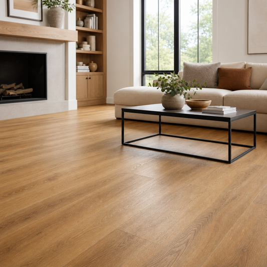 Modern living room with installed German laminate flooring in warm honey oak tone and realistic wood grain texture
