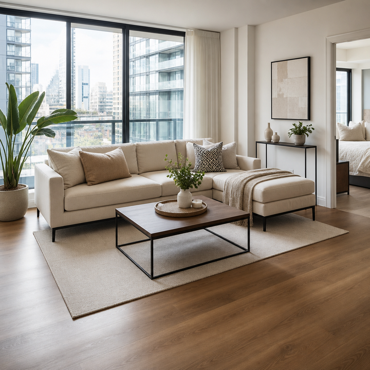 A bright, freshly furnished living room in a modern Toronto home with wide-plank laminate flooring in a warm oak finish, natural light streaming through large w