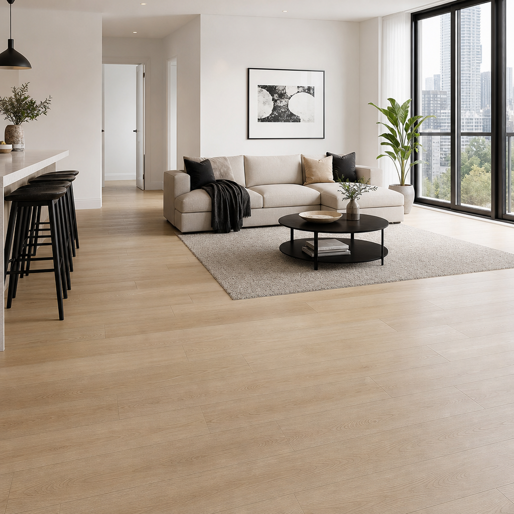Modern Toronto living room with SPC vinyl plank flooring in light oak, large window with natural light, minimal furniture, open concept layout