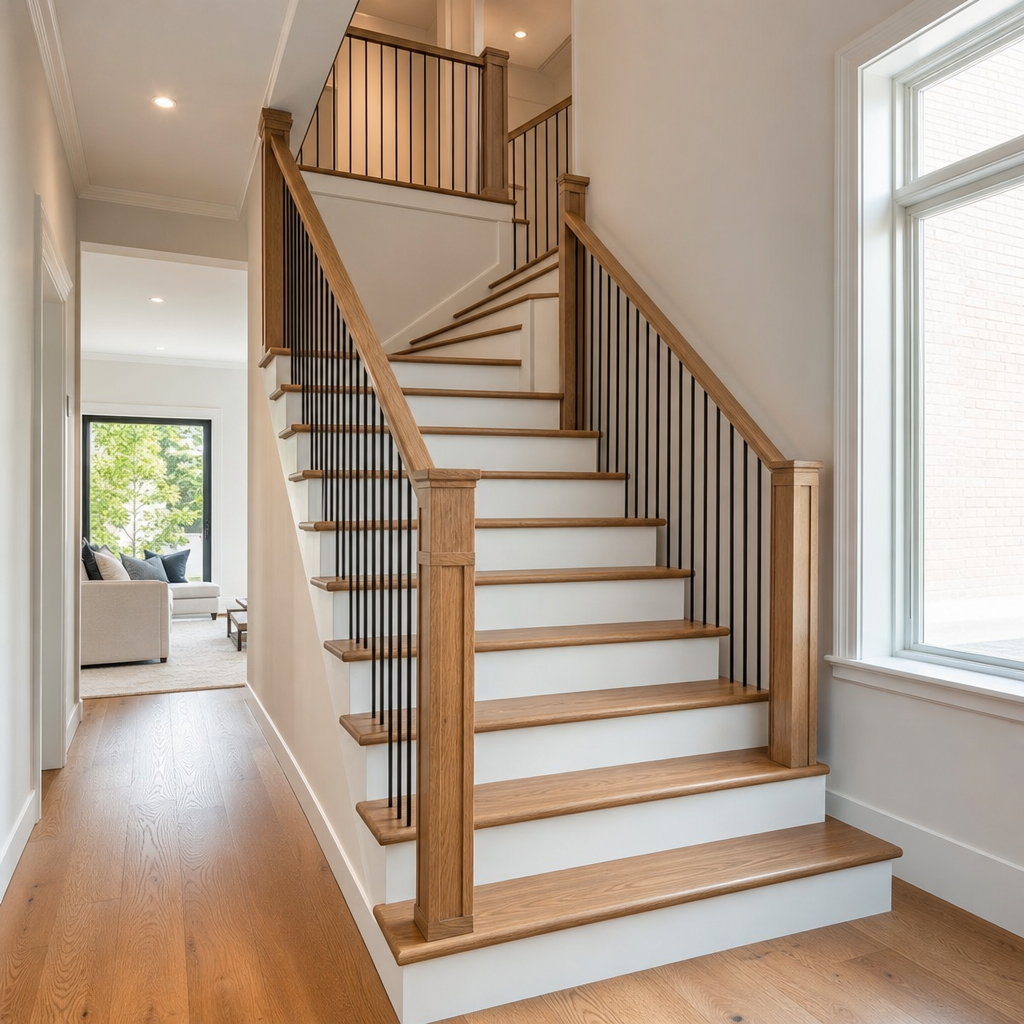 Professional interior photograph of a beautifully finished residential staircase in a modern Toronto home, featuring premium hardwood flooring with a warm oak f