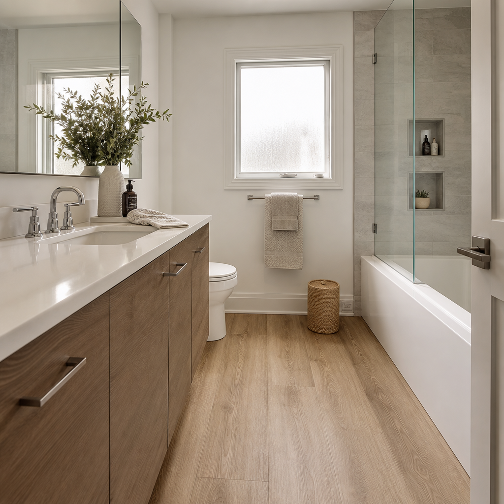 A beautifully renovated modern bathroom in a Toronto home, featuring elegant SPC vinyl plank flooring with realistic warm oak wood grain finish, natural light s