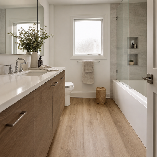 A beautifully renovated modern bathroom in a Toronto home, featuring elegant SPC vinyl plank flooring with realistic warm oak wood grain finish, natural light s