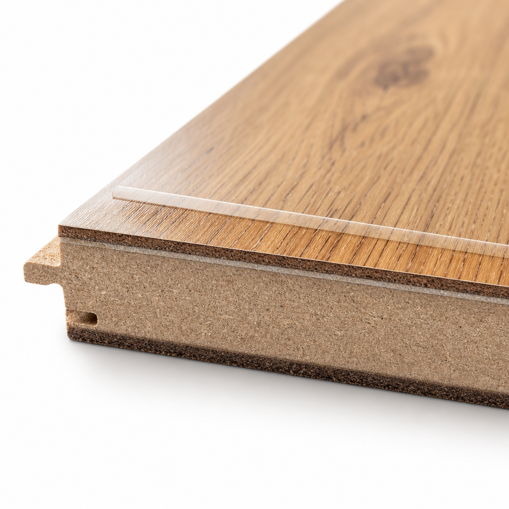 Professional macro photograph of a laminate flooring plank in cross-section showing the layered construction: transparent wear layer on top, decorative image la