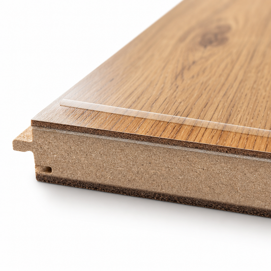 Professional macro photograph of a laminate flooring plank in cross-section showing the layered construction: transparent wear layer on top, decorative image la