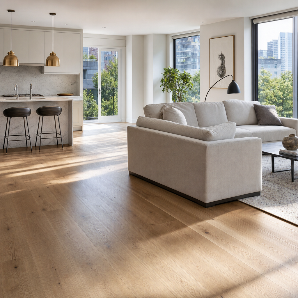Modern Toronto living room with natural European oak engineered hardwood flooring in bright natural light