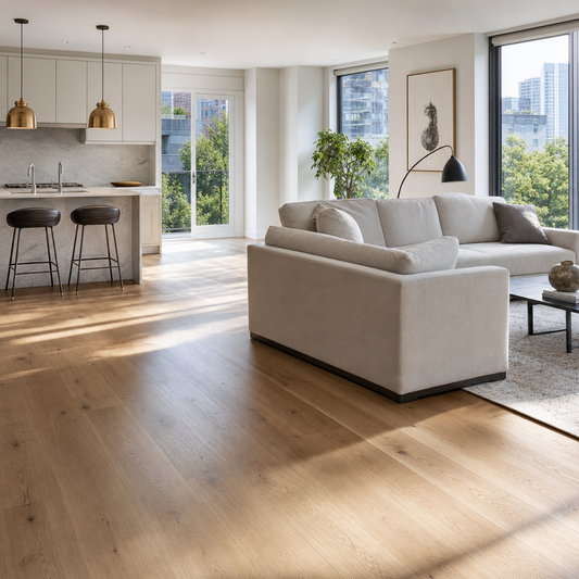 Modern Toronto living room with natural European oak engineered hardwood flooring in bright natural light