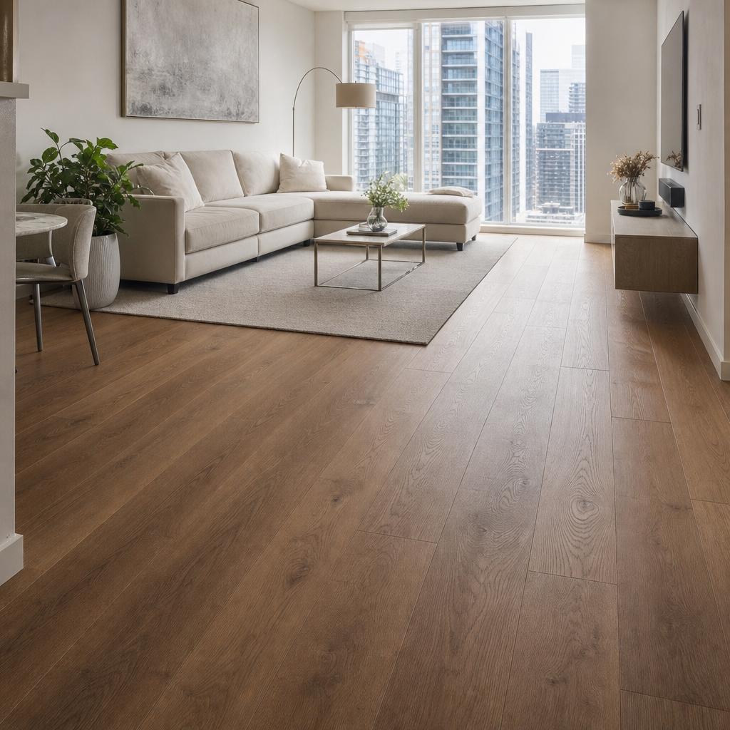 A beautifully installed modern hardwood floor in a bright Toronto living room, natural light streaming through large windows, clean contemporary aesthetic, real