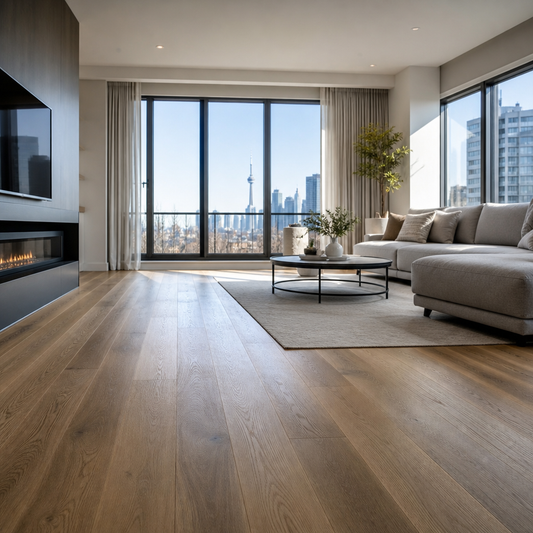 Modern Toronto residential living room interior featuring warm-toned engineered hardwood flooring with natural light, contemporary design