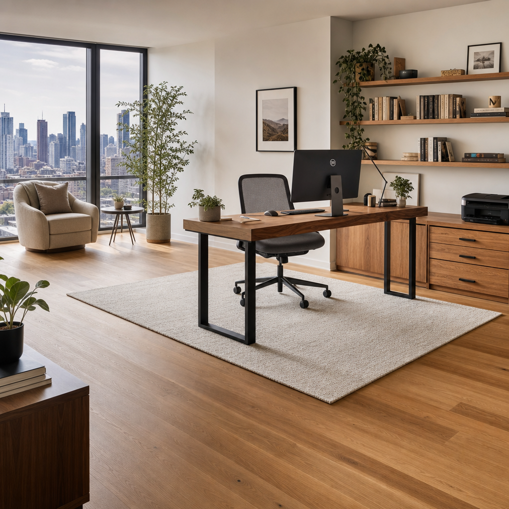 Modern Toronto home office with ergonomic desk setup and high-quality engineered hardwood flooring