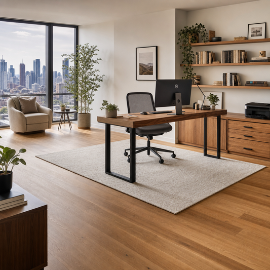 Modern Toronto home office with ergonomic desk setup and high-quality engineered hardwood flooring