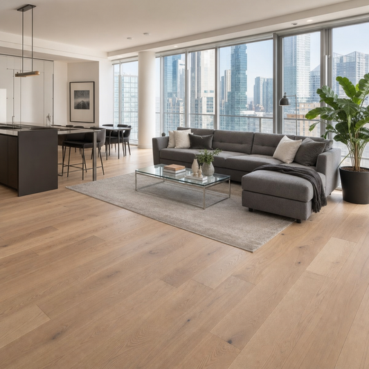 Clean ecommerce editorial photography of a modern open-concept Toronto condo living room featuring installed engineered hardwood flooring in a wide-plank light