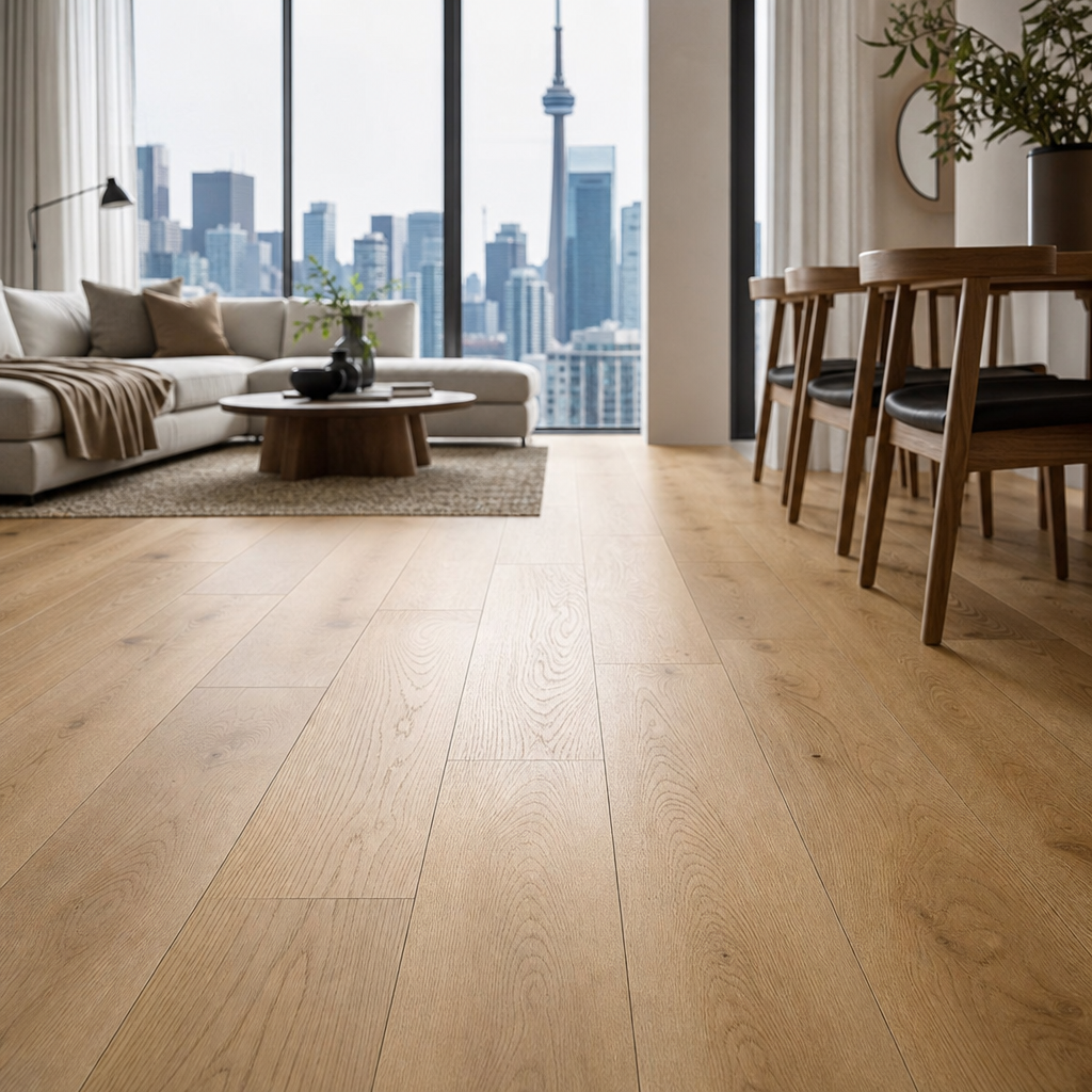 Modern Toronto condo interior featuring wide-plank engineered hardwood flooring in light natural oak finish