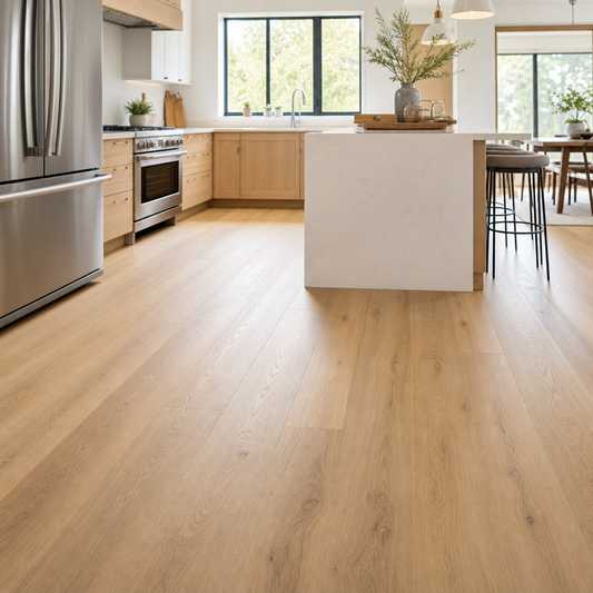 Modern GTA kitchen interior featuring light oak SPC vinyl plank flooring, bright natural window light, clean white quartz countertops, minimal contemporary deco