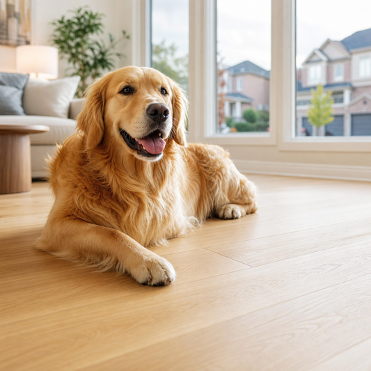 Golden retriever lying on pristine light oak hardwood flooring in a bright GTA residential living room