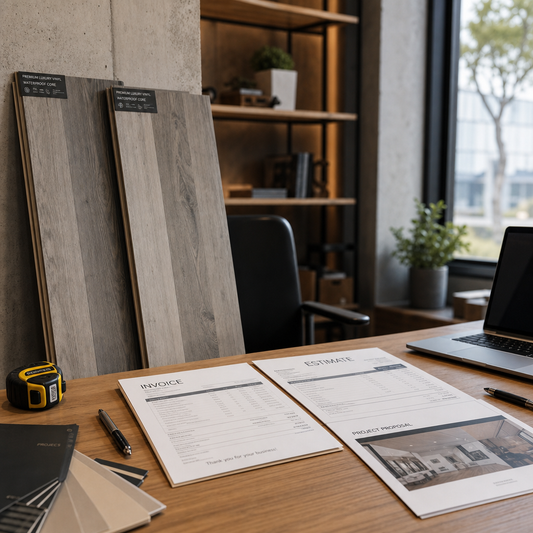 Contractor office workspace with invoices and flooring materials