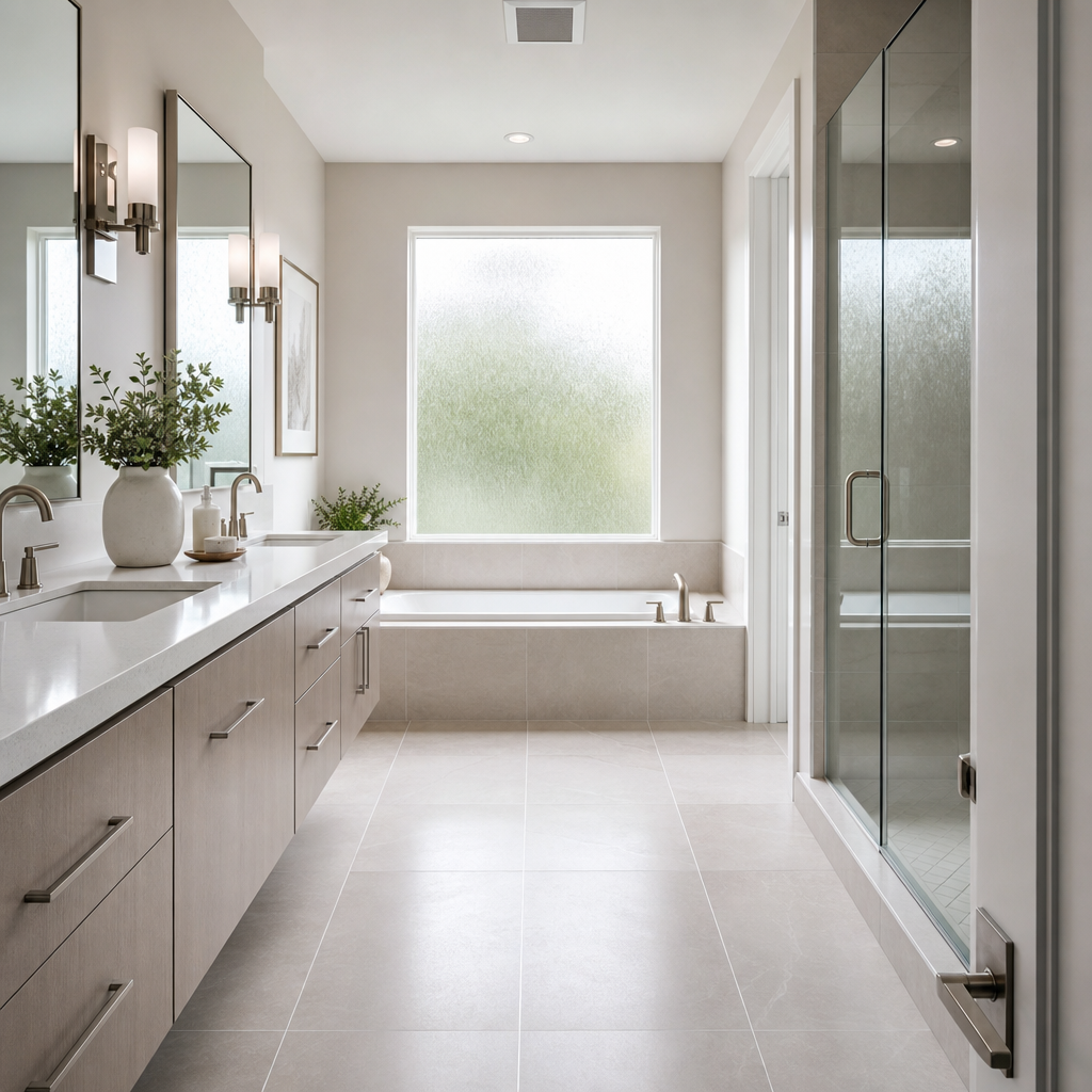 Modern minimalist bathroom interior with light-toned porcelain tile flooring, white quartz vanity, brushed nickel fixtures, natural light from frosted window, c