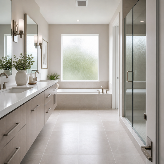 Modern minimalist bathroom interior with light-toned porcelain tile flooring, white quartz vanity, brushed nickel fixtures, natural light from frosted window, c