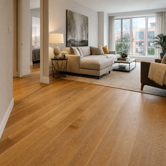 A bright, welcoming Toronto living room interior featuring elegant engineered hardwood flooring in warm oak tones, natural light streaming through large windows