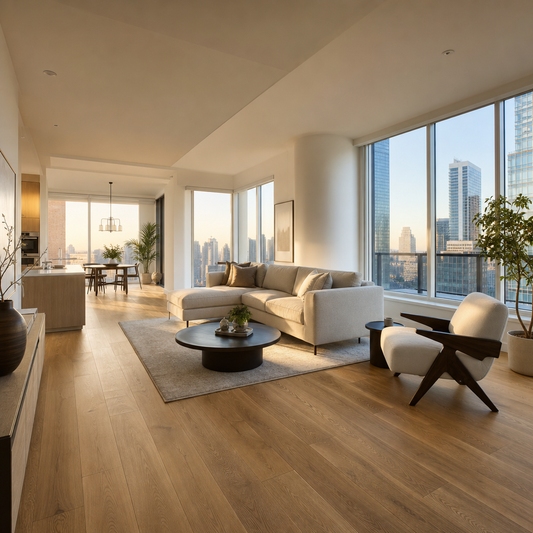 Modern Toronto living room with warm oak SPC vinyl plank flooring and natural lighting