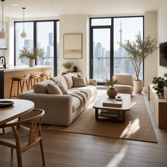 Bright, airy open-concept living room in a contemporary Toronto home, morning natural light streaming through large windows, clean hard-surface flooring through