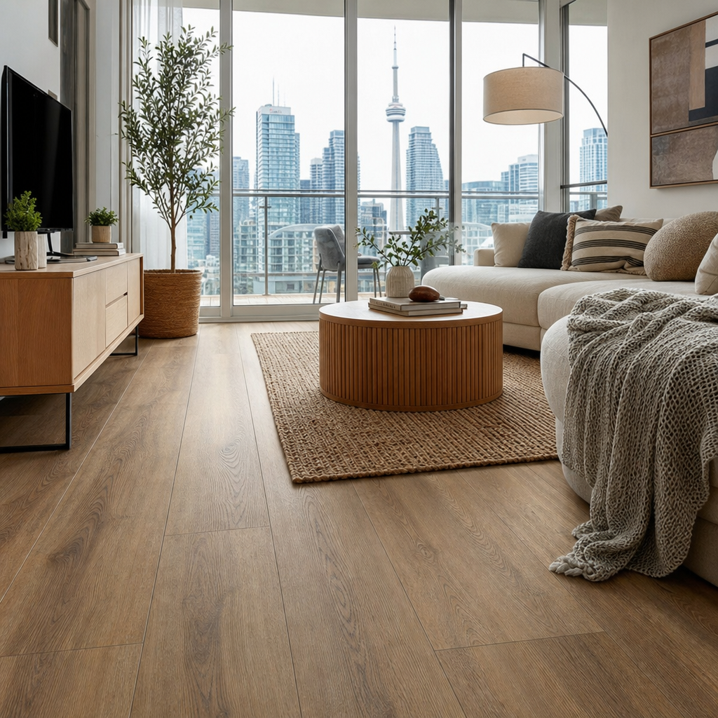 A clean, modern Toronto condo living room with new hardwood-look vinyl plank flooring, natural light from large windows, neutral-toned furniture, contemporary i