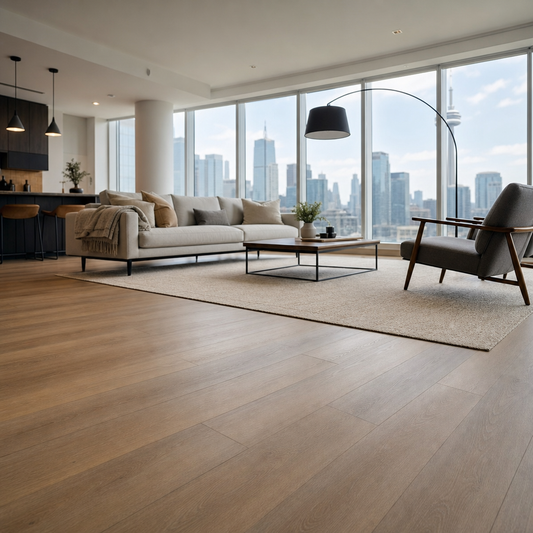 Modern Toronto condo living room with premium SPC vinyl plank flooring and urban skyline view