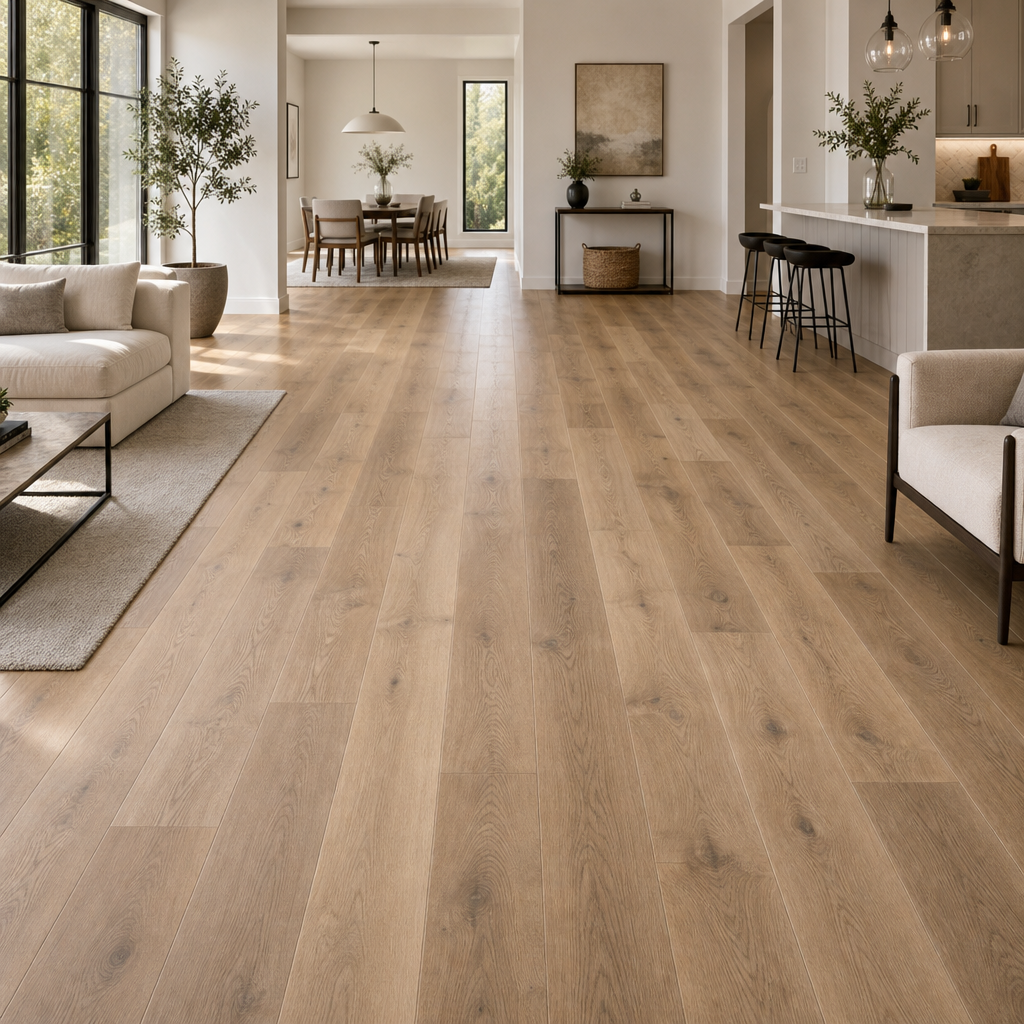 Modern residential living room featuring warm greige and honey oak flooring with matte finish in a Toronto home
