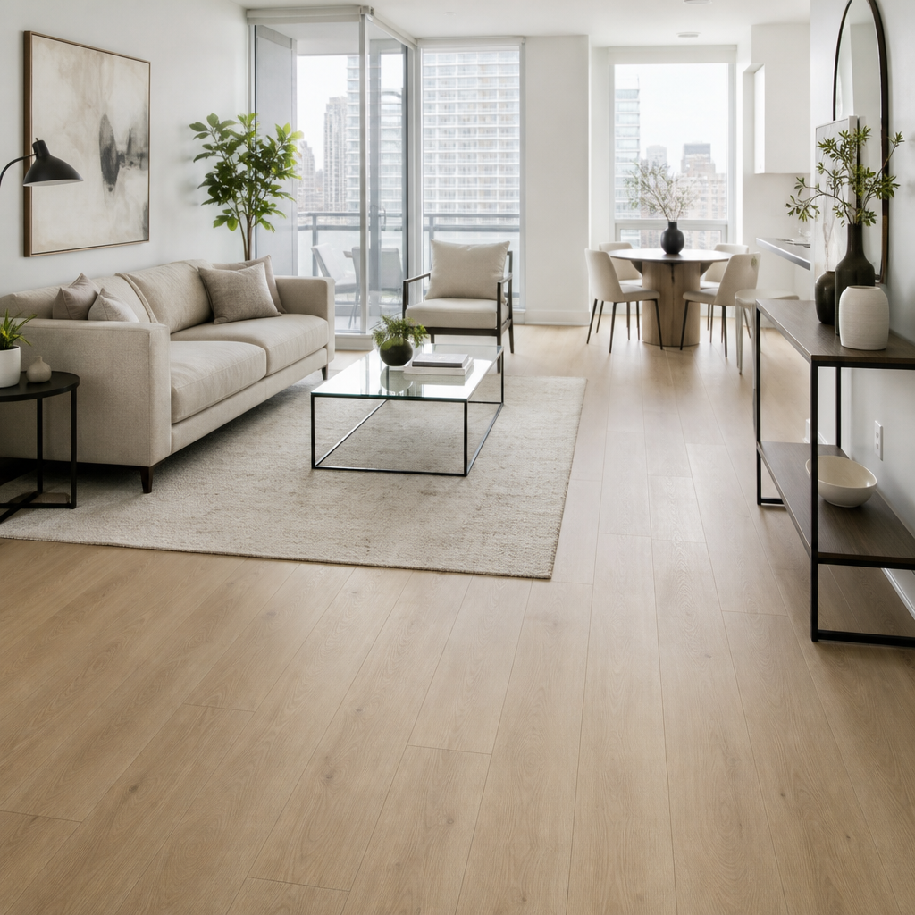 Clean ecommerce editorial photograph of a bright, modern small Toronto condo interior featuring light-toned engineered hardwood flooring that creates a spacious