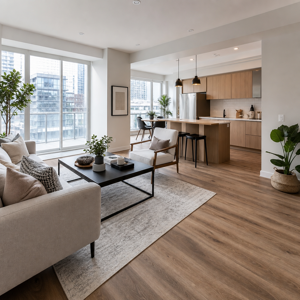 Bright modern living room with laminate flooring and natural light, contemporary minimalist furniture and clean GTA aesthetic