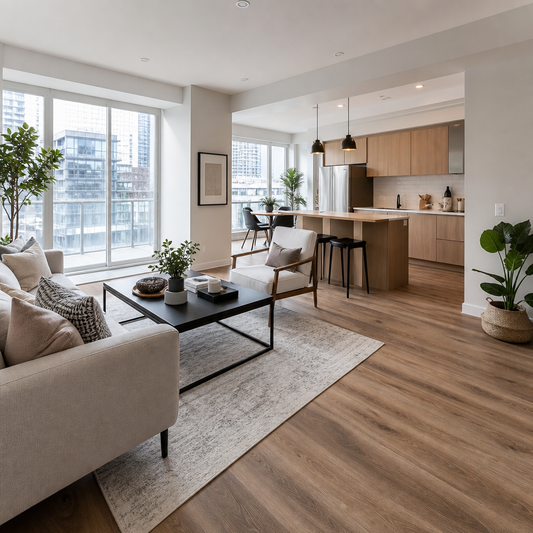 Bright modern living room with laminate flooring and natural light, contemporary minimalist furniture and clean GTA aesthetic