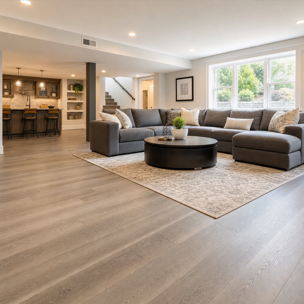 Finished basement interior featuring SPC vinyl plank flooring with modern furniture and natural lighting