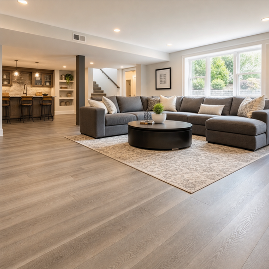 Finished basement interior featuring SPC vinyl plank flooring with modern furniture and natural lighting