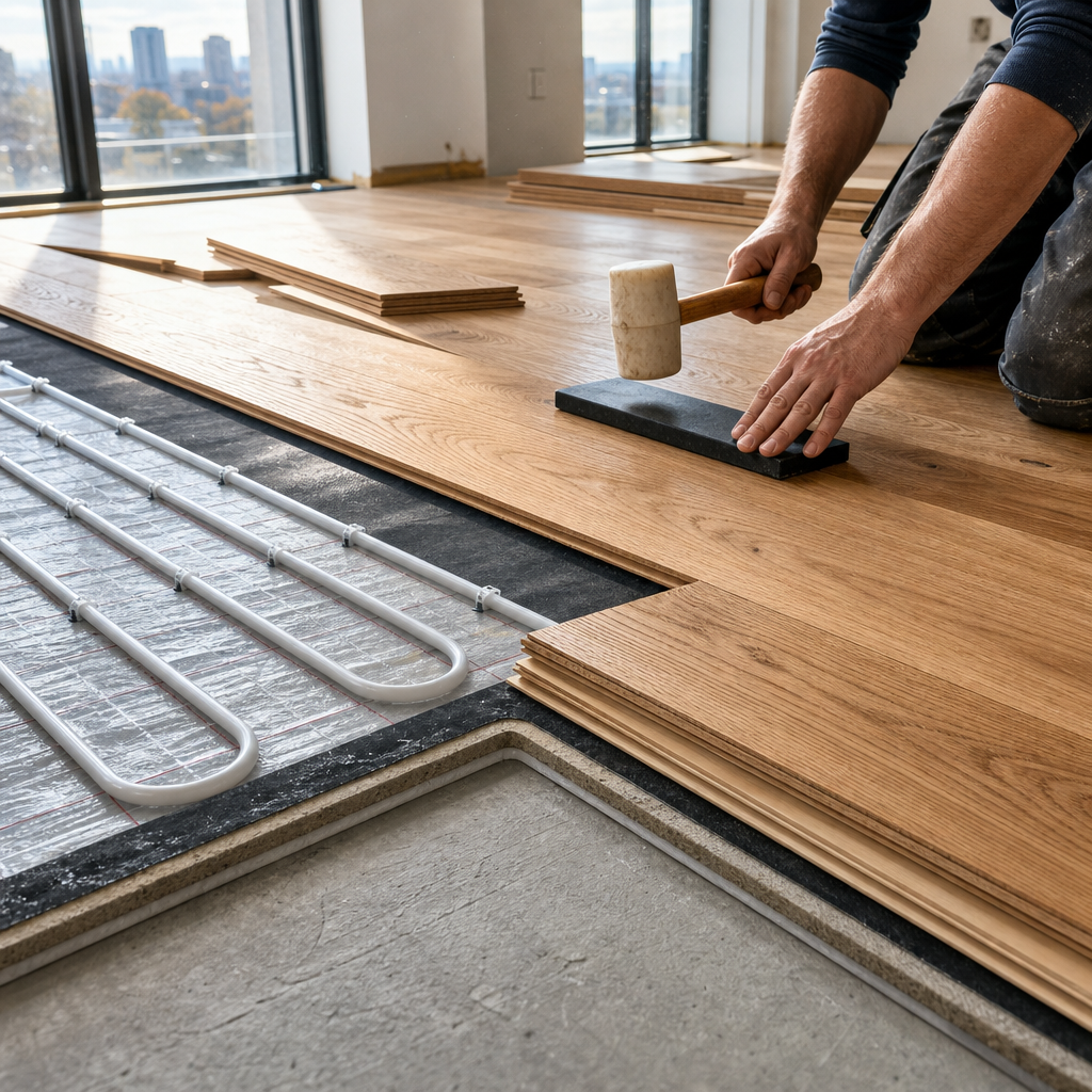 Clean editorial ecommerce photography of engineered hardwood flooring planks being installed over a wooden subfloor in a modern GTA residential interior. Visibl