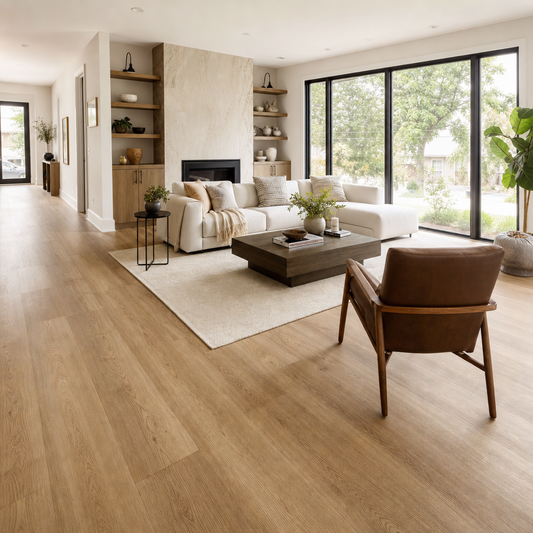 Senior-friendly luxury vinyl plank flooring in a bright GTA living room with natural light