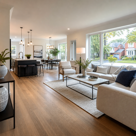 Bright Toronto bungalow living room with modern engineered hardwood flooring and open concept layout